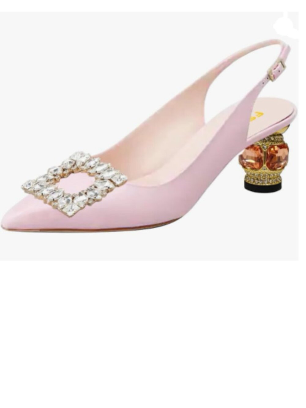 FSJ Pink Crystal Square Buckle Pointed Toe Slingback Pumps Rhinestone Heel Shoes